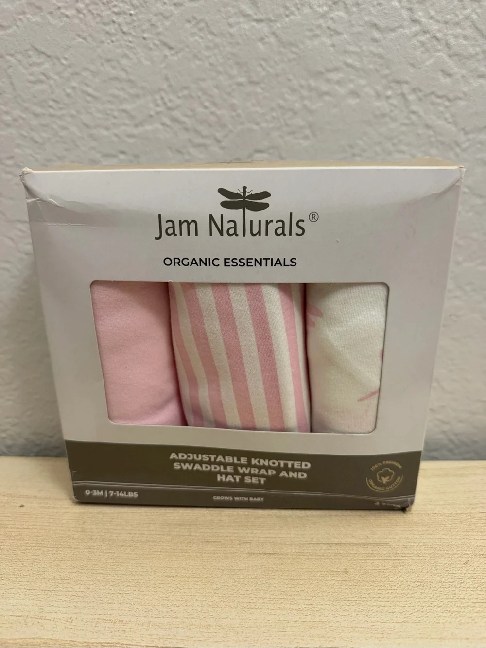 NWT Jam Naturals Organic Baby Swaddle Wrap and Hat Set 0-3M Pink Stripes